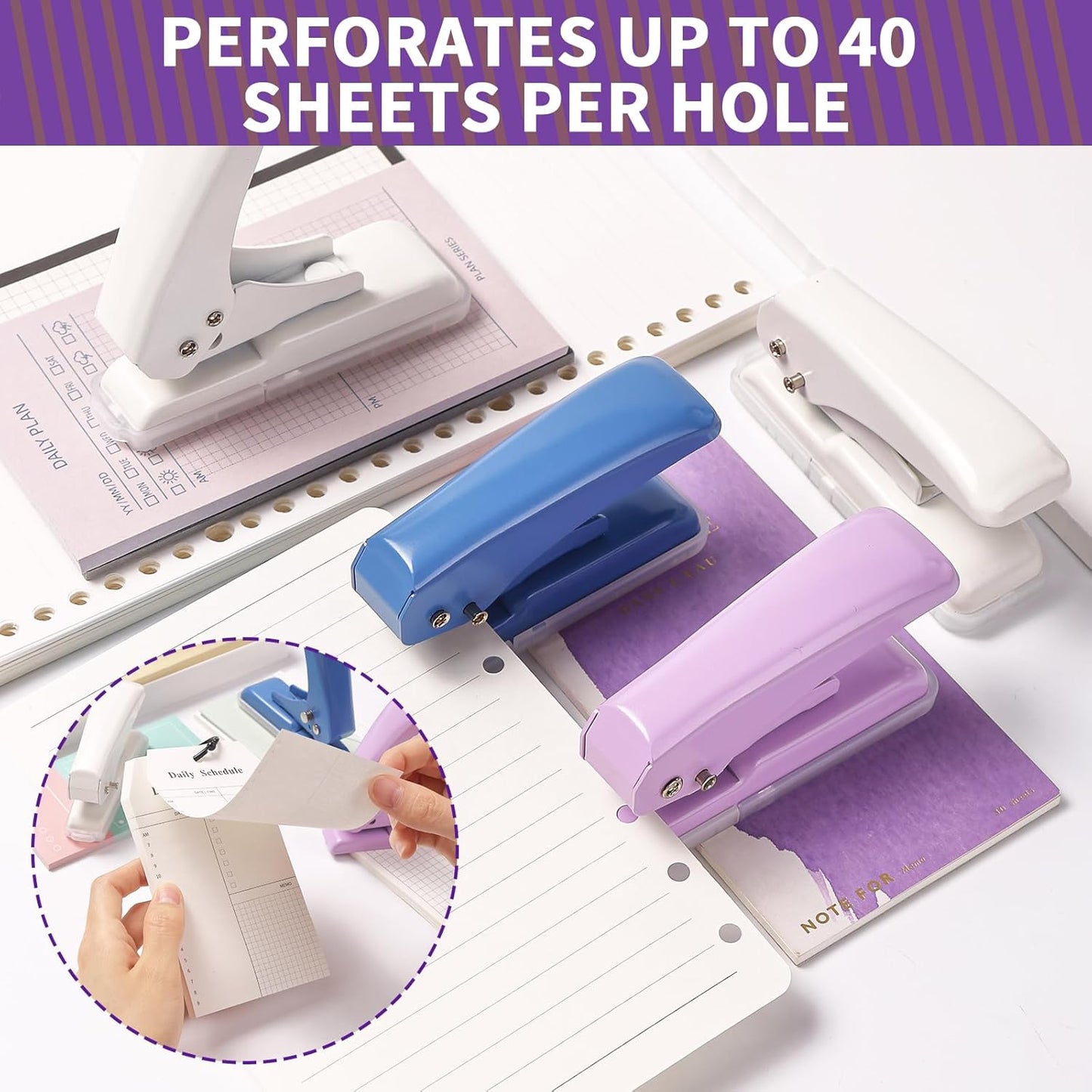 Single Hole Punch, 40 Sheets Punch Capacity, Kaluofan Hole Puncher Single, Small Hole Punch with Non-Slip Removable Base, One Hole Puncher for Crafts, Scrapbooks, Paper, Chipboard (Purple)