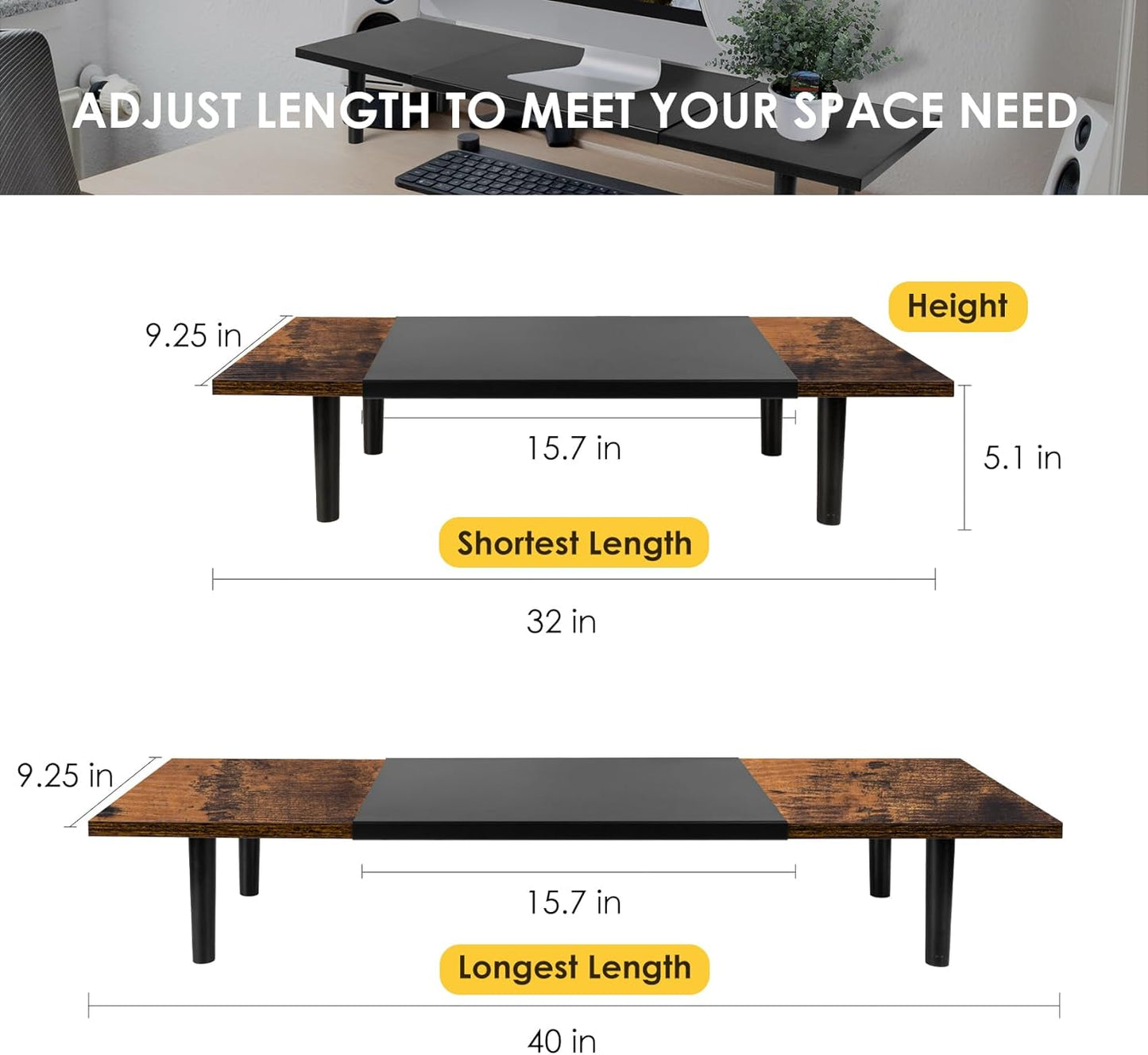 Dual-Monitor-Stand-Riser-For-Desk Adjustable Length 32-40 Inch, Large Desktop Computer Monitor Riser For 2 Screens, Desk Shelf Organizer Riser Stand For Computer/Laptop/PC/Printer/TV Brown