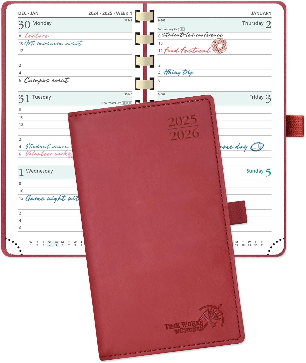 POPRUN Pocket Planner 2025-2026 (Slim Size 3.5'' x 6.5'') Academic Purse Calendar (July 2025 - June 2026) with Hourly Time Slots, 100GSM Thick Paper, Spiral Soft Cover - Burgundy Red
