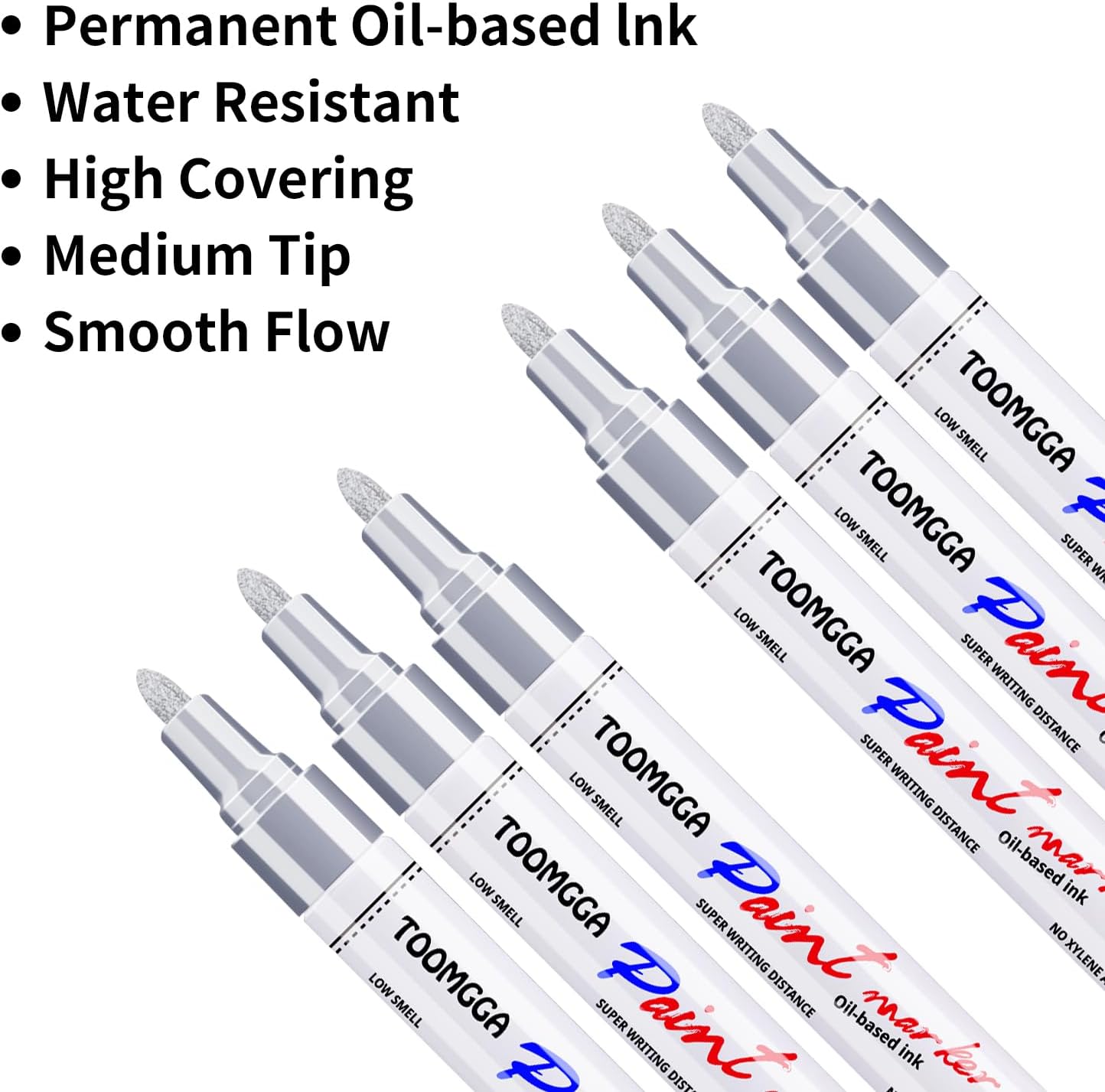 Silver Paint Pens Paint Markers - 6 Pack Permanent Markers Oil Based for Metal Wood, Pens for Metal, Car Tyre,Wood, Plastic, Rock Painting, Glass, Craft Supplies,Waterproof