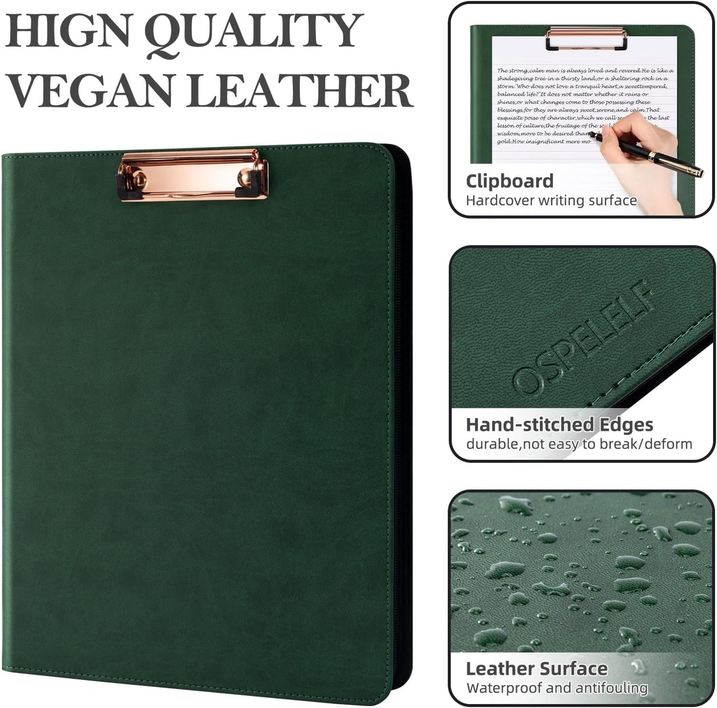 Ospelelf Green Clipboard with Storage 3 Binder Leather Portfolio Folder with Zipper, 12.1” Tablet Sleeve, 5 Dividers with Pocket, Refillable Notepad, Card Slot