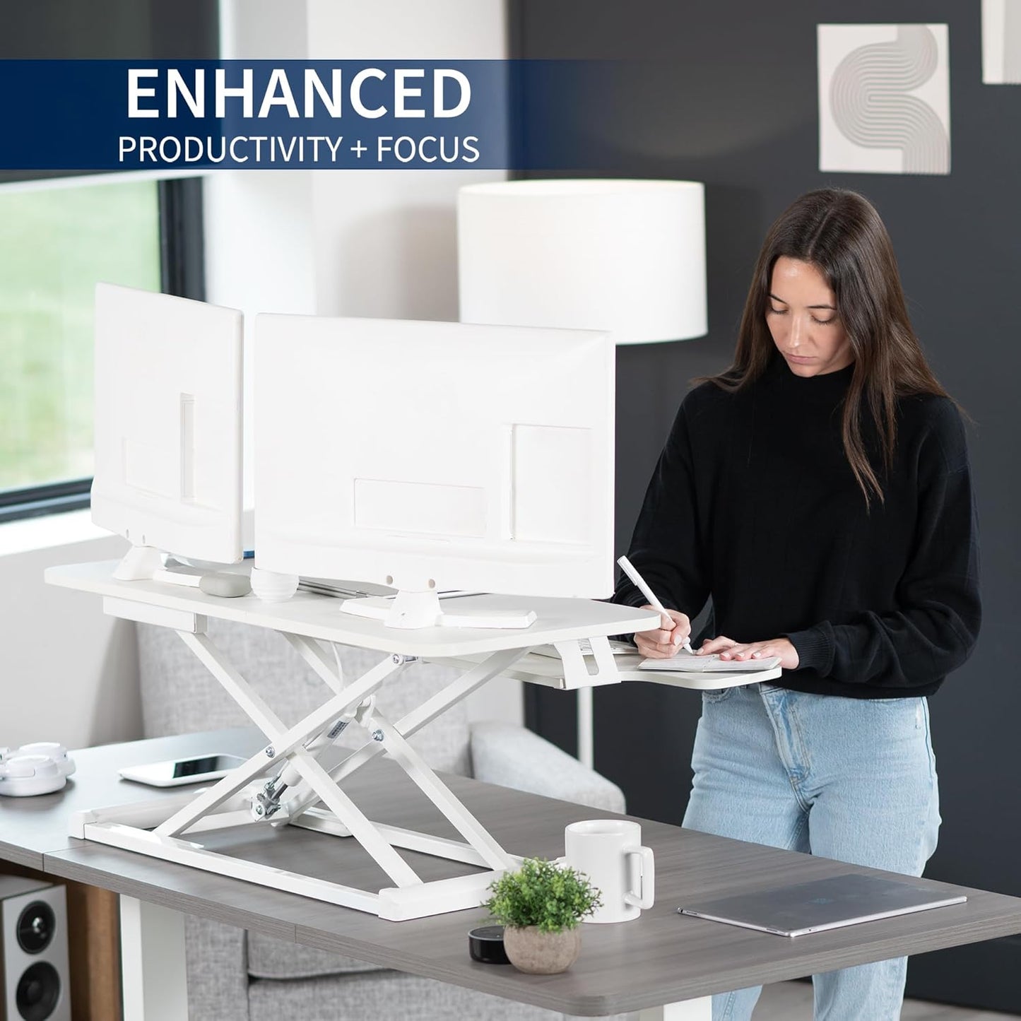 VIVO 36 inch Desk Converter, K Series, Height Adjustable Sit to Stand Riser, Dual Monitor and Laptop Workstation with Wide Keyboard Tray, White, DESK-V036KW