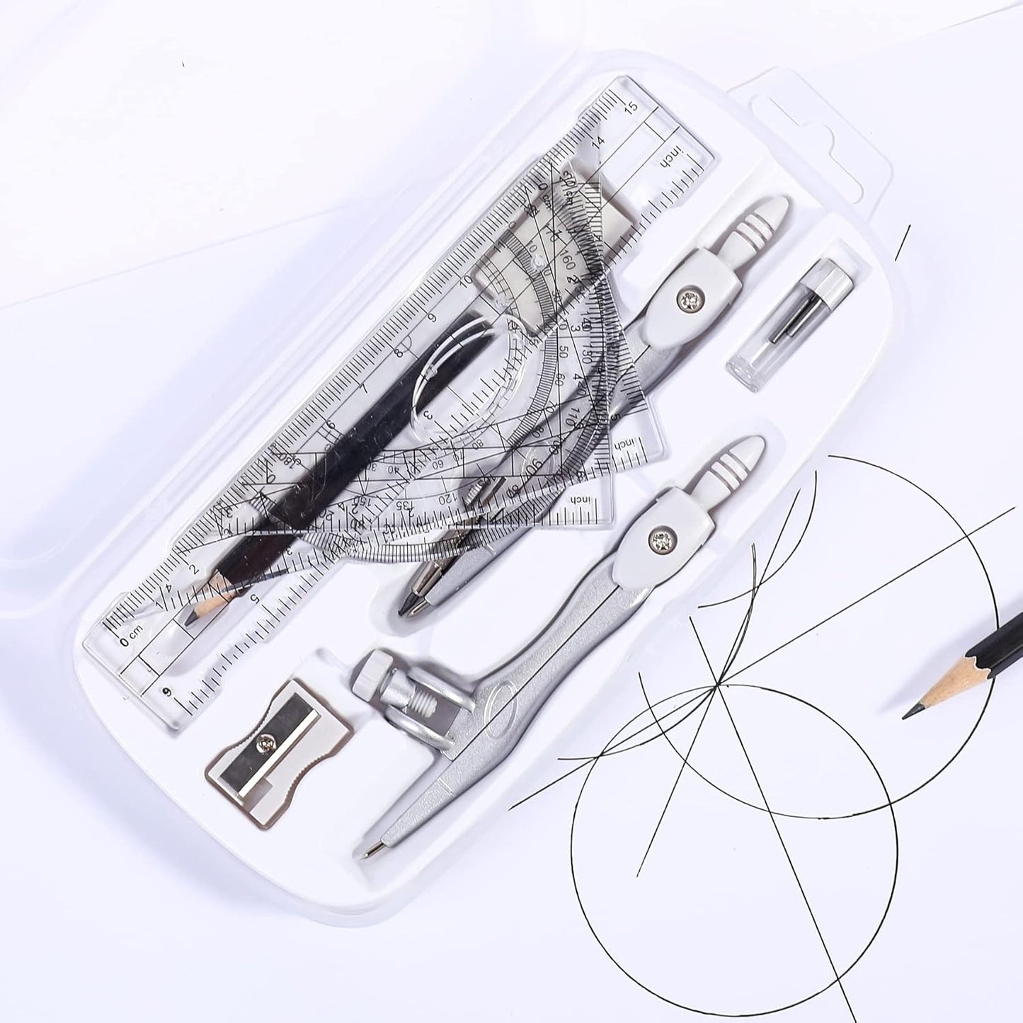 Math Geometry Kit Sets 10 Piece Student Supplies with Shatterproof Storage Box,Includes Rulers,Protractor,Compass,Eraser,Pencil Sharpener,Lead Refills,Pencil,for Drafting（White）
