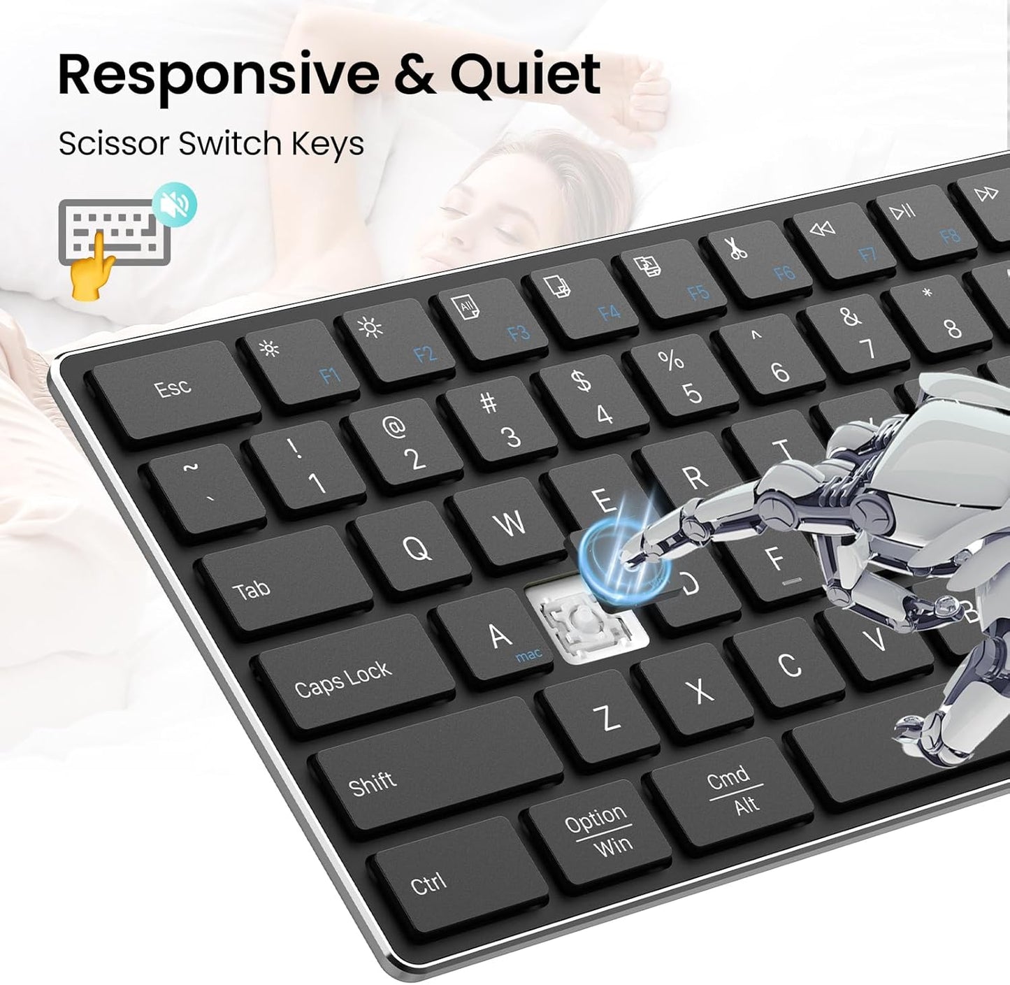 2.4G Wireless and Bluetooth Keyboard with Numeric Keypad, Multi-Device, Rechargeable, Compatible with Mac, Windows (Black)