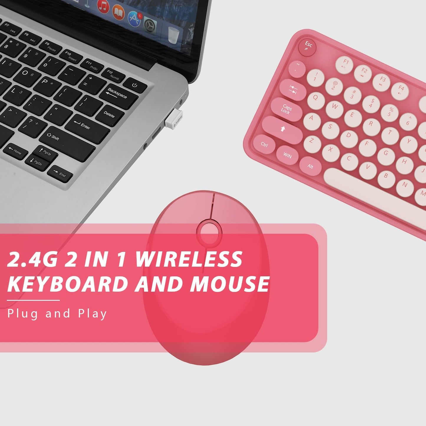 Wireless Keyboard,KOOTOP Cute Colorful 104 Keys Typewriter Retro Round Keycaps Keyboard for PC Laptop,Desktop,Windows, Home and Office Keyboards(Pink)