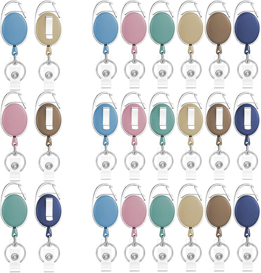 6 Color 24 Pcs Retractable Badge Holder with Carabiner Clips and Key Ring ID Badge Holder Retractable Clip Bulk for Office Worker Doctor Nurse Employee School Students Gifts