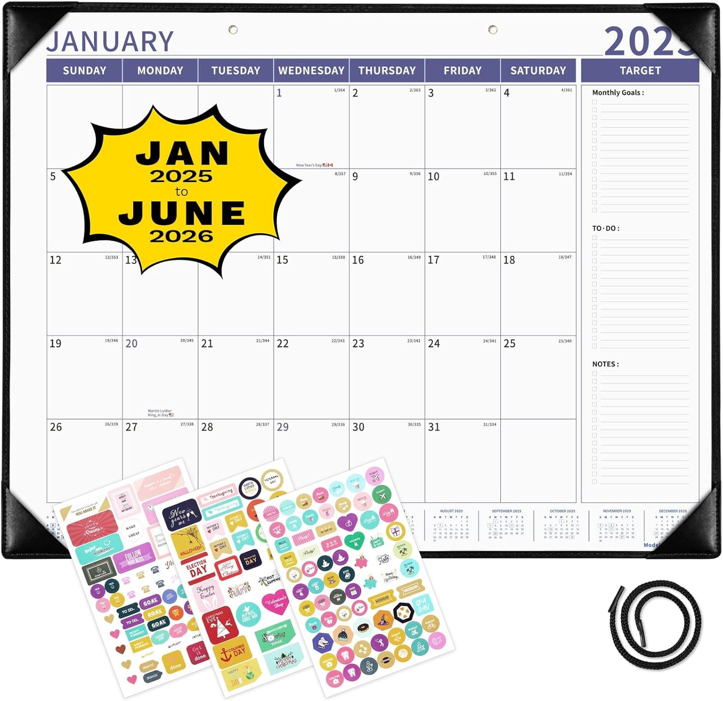 Ospelelf Large Desk Calendar 2025-2026 with Plastic Cover, 18 Months Planner Pad from January 2025 to June 2026, 22" x 17" PU Leather Wall Calendar for Home or Office, Black