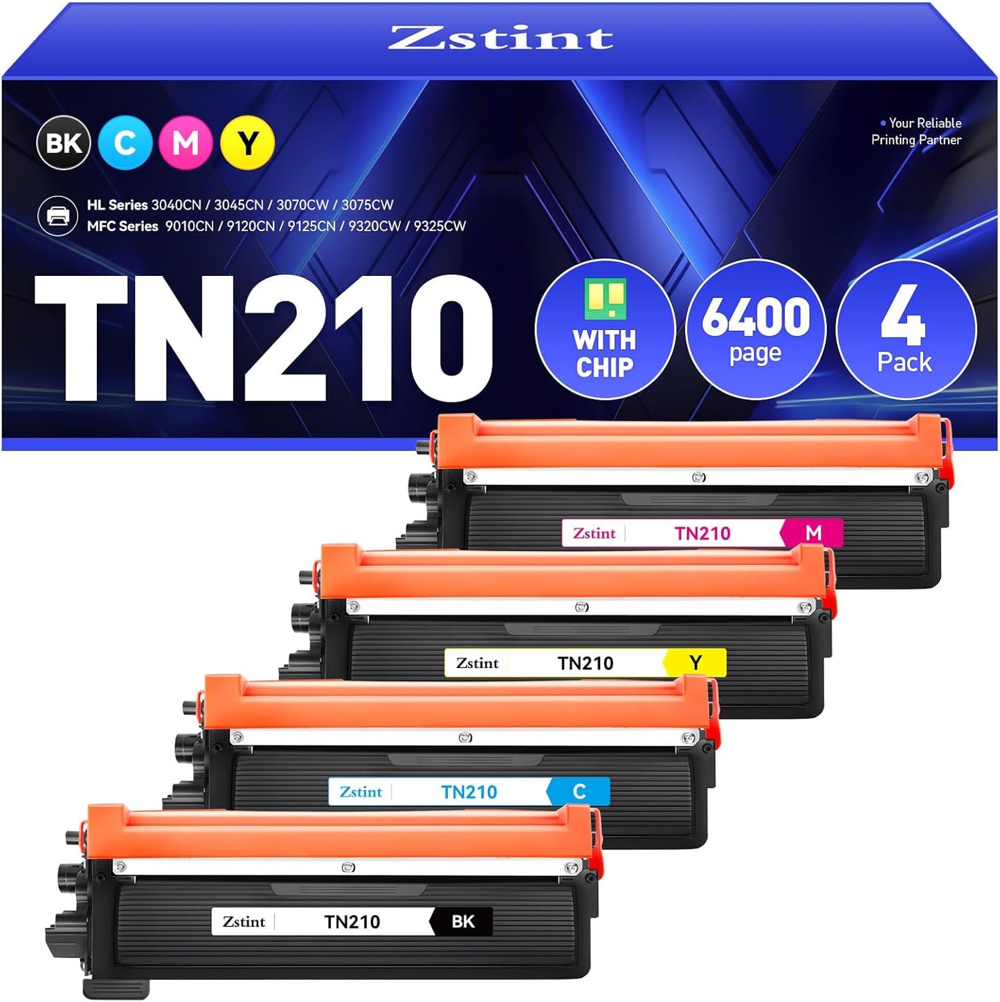 TN210 Toner Cartridge Set 4-Pack Replacement for Brothe TN-210 Compatible with MFC-9325CW MFC-9125CN HL-3070CW 3040CN 3045CN 3075CW MFC-9320CW MFC-9120CN 9010CN Color Printer Black Cyan Yellow Magent