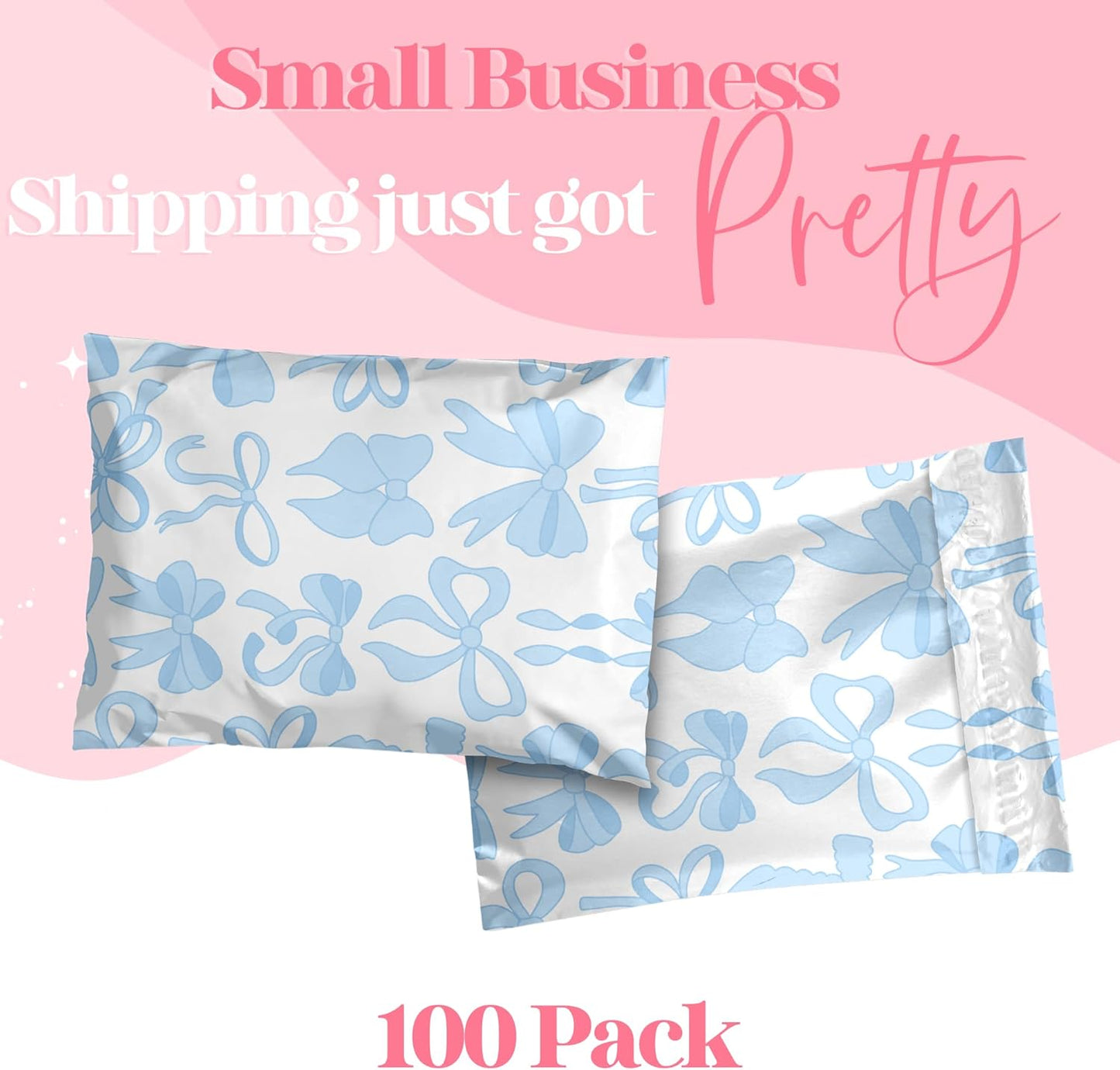 14.5x19 Designer Poly Mailer 100 Pack Heavy Duty Waterproof Self Seal Shipping Bags for Small Business Large Mailing Envelopes Bulk Tear Resistant Packaging Blue Bows