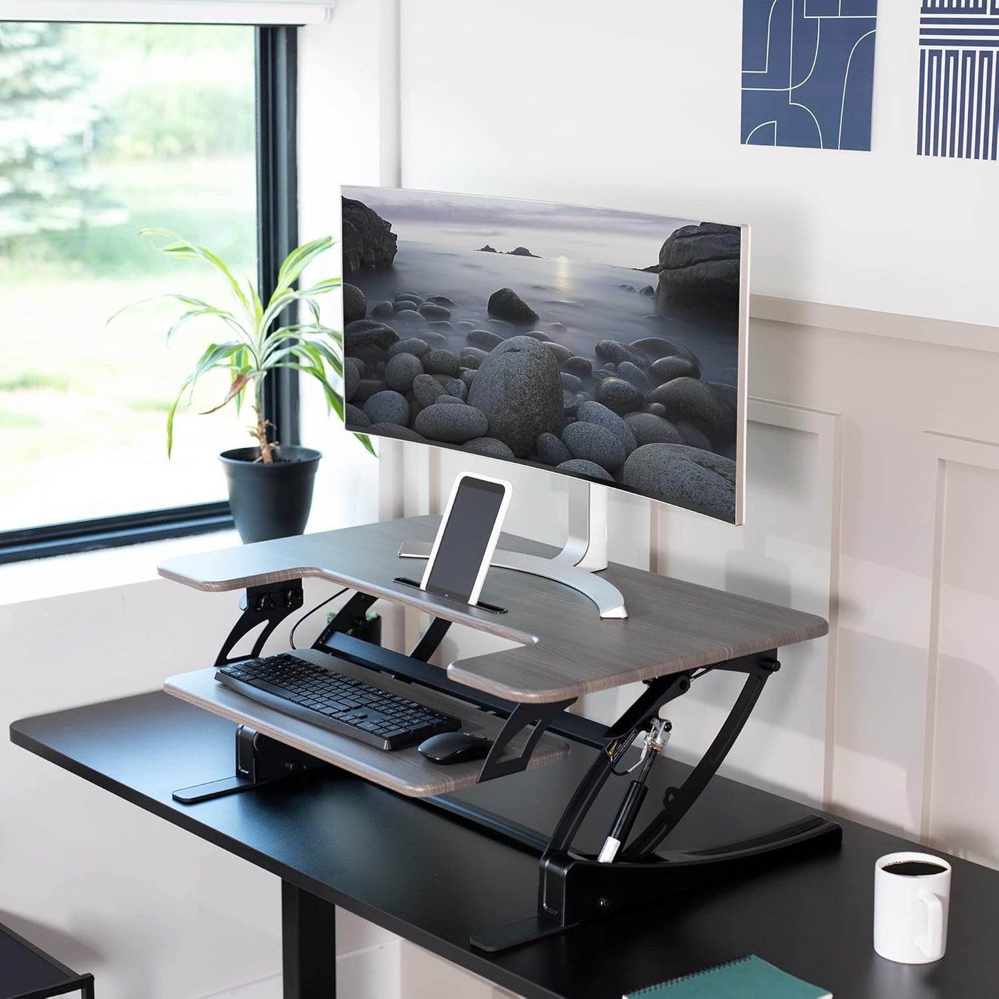 VIVO 36 inch Height Adjustable Stand Up Desk Converter, V Series, Quick Sit to Stand Tabletop Dual Monitor Riser Workstation, Gray Top, Black Frame, DESK-V000VG