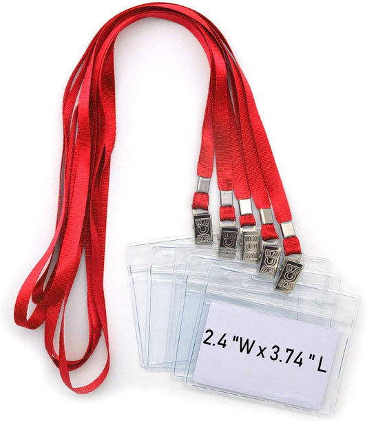Bird Fiy Lanyards with id Holder Name Badges 50 Pcs Waterproof Type Clear Plastic Horizontal Name Tag Badge Id Card and 50 Pcs Lanyard (Red)