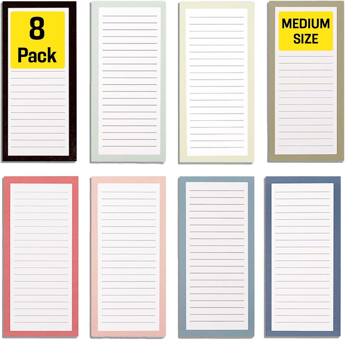 Magnetic Notepads – Notepads for Grocery List, Shopping List, To-Do List, Reminders -Strong Magnetic Back- Memo Notepad | 8 pack Medium | Solid Pattern Style