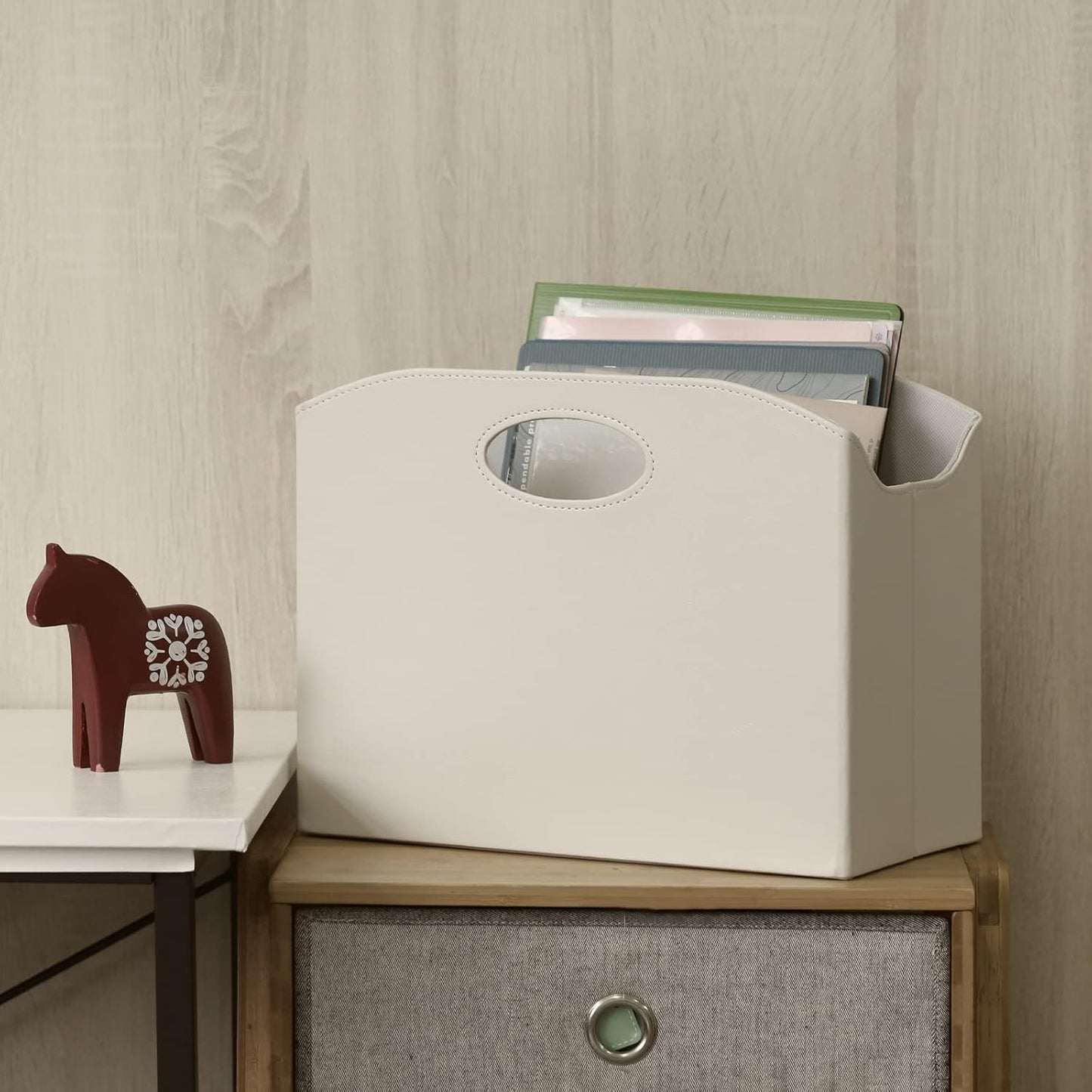 EZDeco Magazine Holder Foldable Magazine Rack Floor PU Leather File Holder Newspaper Book Storage Basket Document File Folder Organizer for Office Home (Off-white-1)