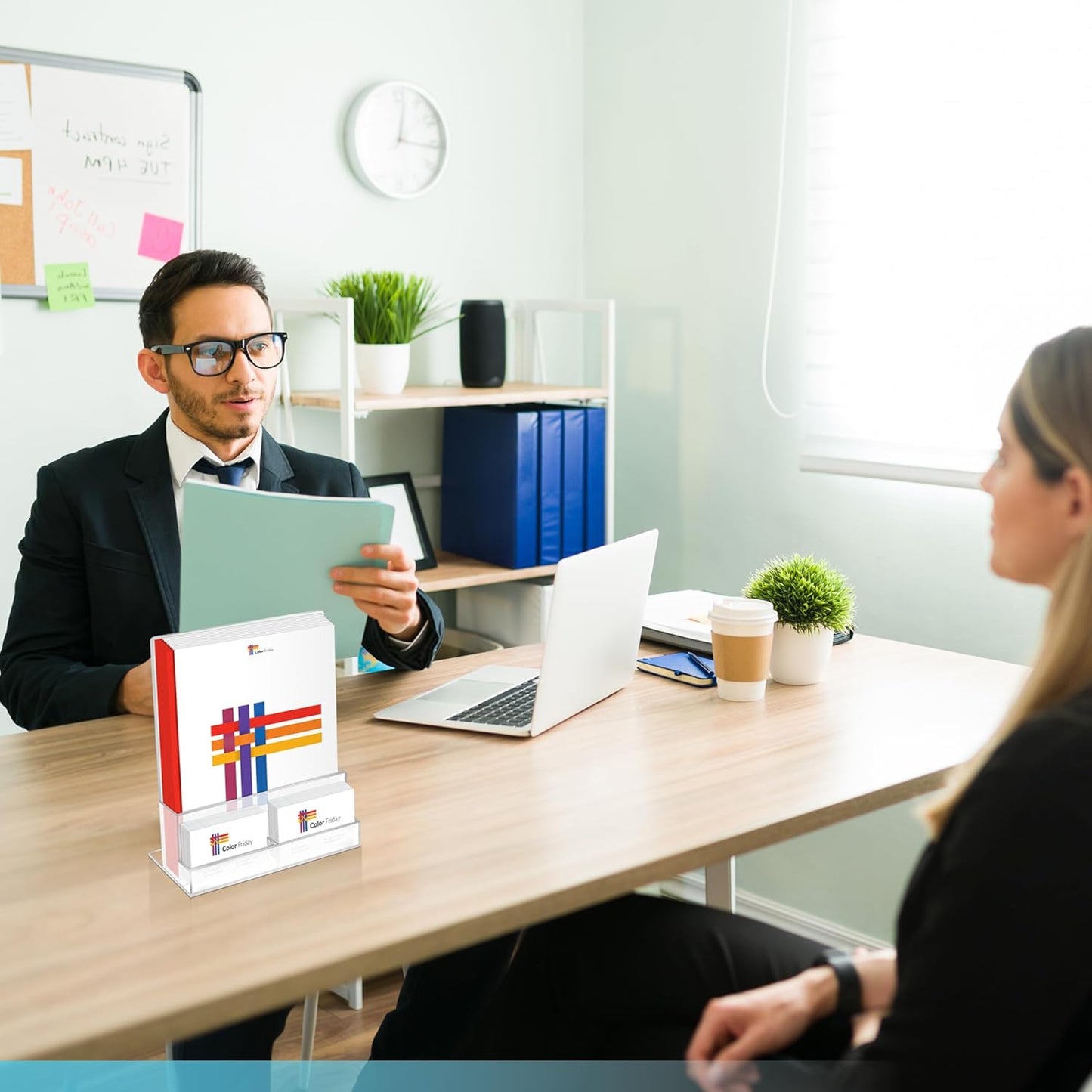 2 Pack Acrylic Flyer Holder 8.5 x 11 Clear Brochure Display Stand with Acrylic and Business Card Holder, Plastic Flyer Display Stand for Magazine, Pamphlet, Booklets, Menu, Journals