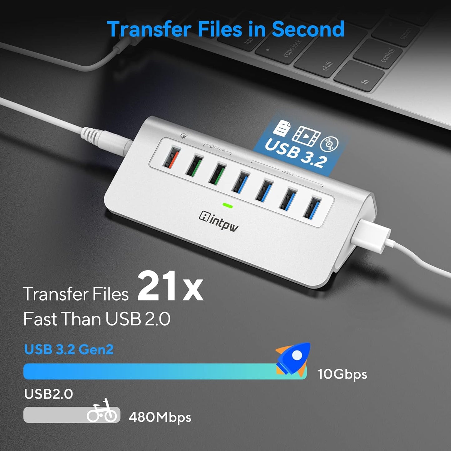Powered USB Hub 10Gbps, Aluminum 7 Port USB 3.2 Data Hub with 4 USB 3.2 Gen 2 Ports, 3 Fast Charging Ports, 30W Power Adapter, Type A & C Cable for Mac, PC, Laptop