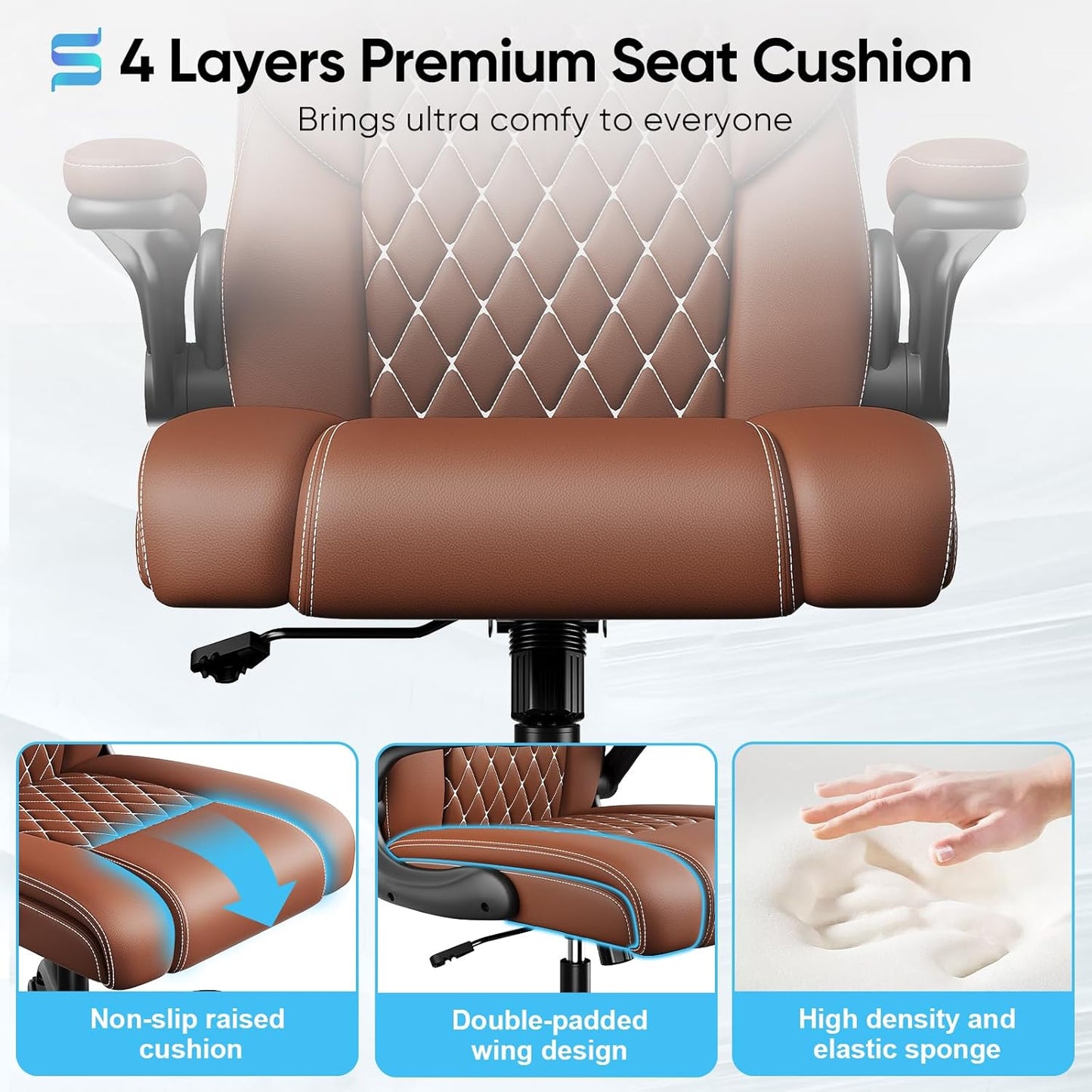 Sytas Executive Leather Office Chair, Comfy Desk Chair with Adjustable Headrest & Flip-up Padded Arms & Lumbar Support, Adjustable Hight and Tilt, Rolling Swivel, Brown