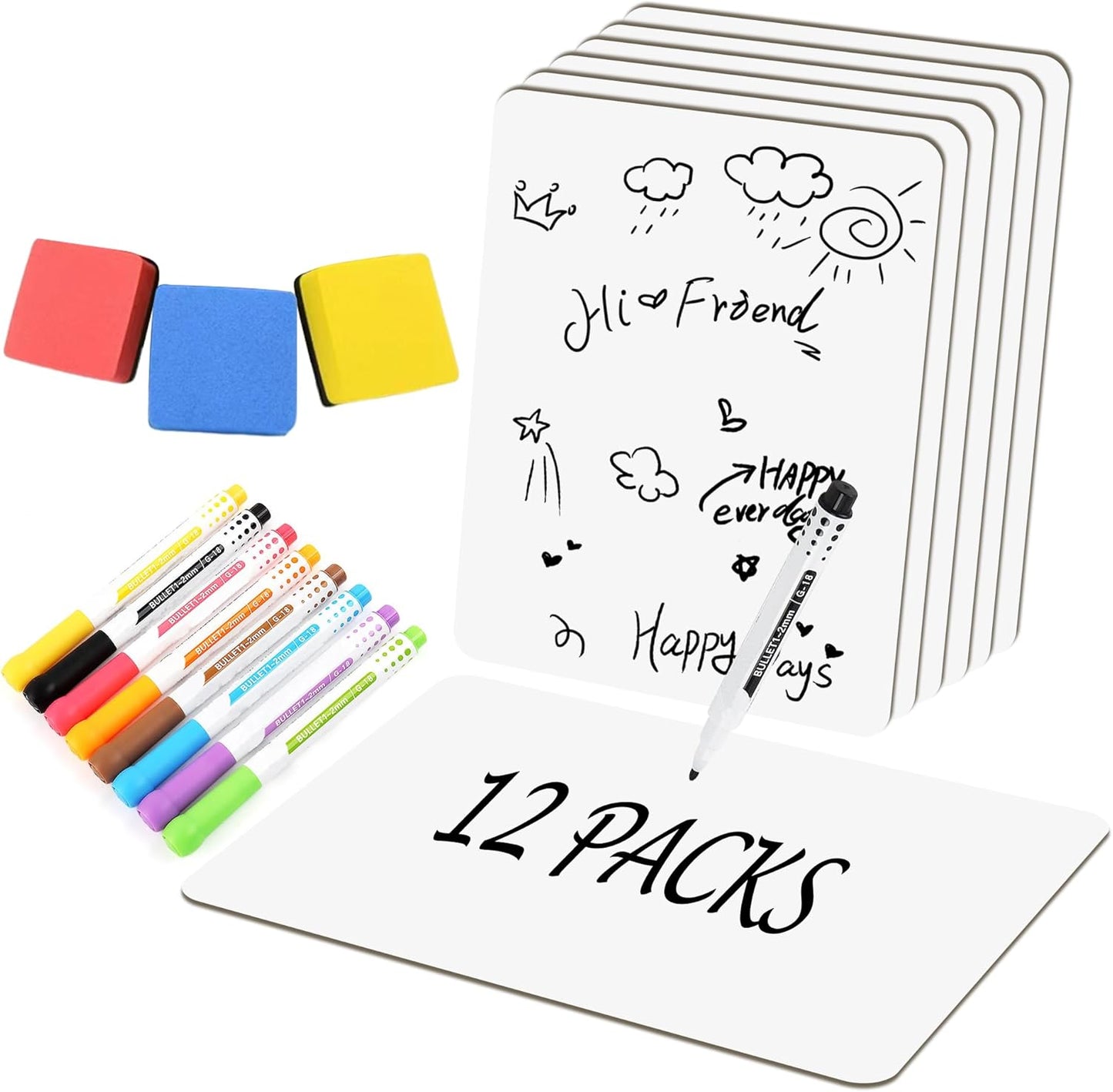 Set of 12 Small White Board Dry Erase Boards Classroom Pack 9" x12” Double Sided Personal Whiteboards for Students Teachers School Supplies Lapboards Mini Whiteboard Erasers Incl and Colors Pens