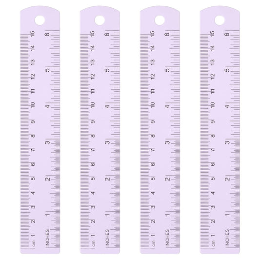 HARFINGTON 4pcs Metal Straight Ruler 15cm Metric SAE Aluminum Alloy Measuring Rulers Scale Tool with Hole for Measure Study Reading Classroom Office, Purple