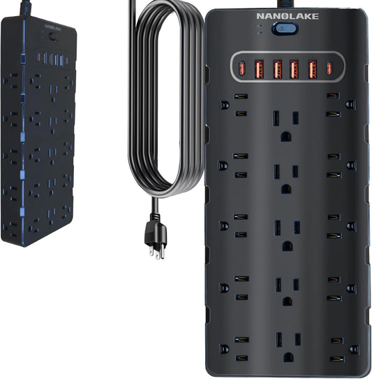 20 Amp Power Strip Surge Protector,Heavy Duty 12 Gauge 6.5 ft Extension Cord,25 AC Outlets,6 Fast USB Ports,4000 Joules,2500W/125V,Office Workshop Household Garage Black,Insurance Coverage.