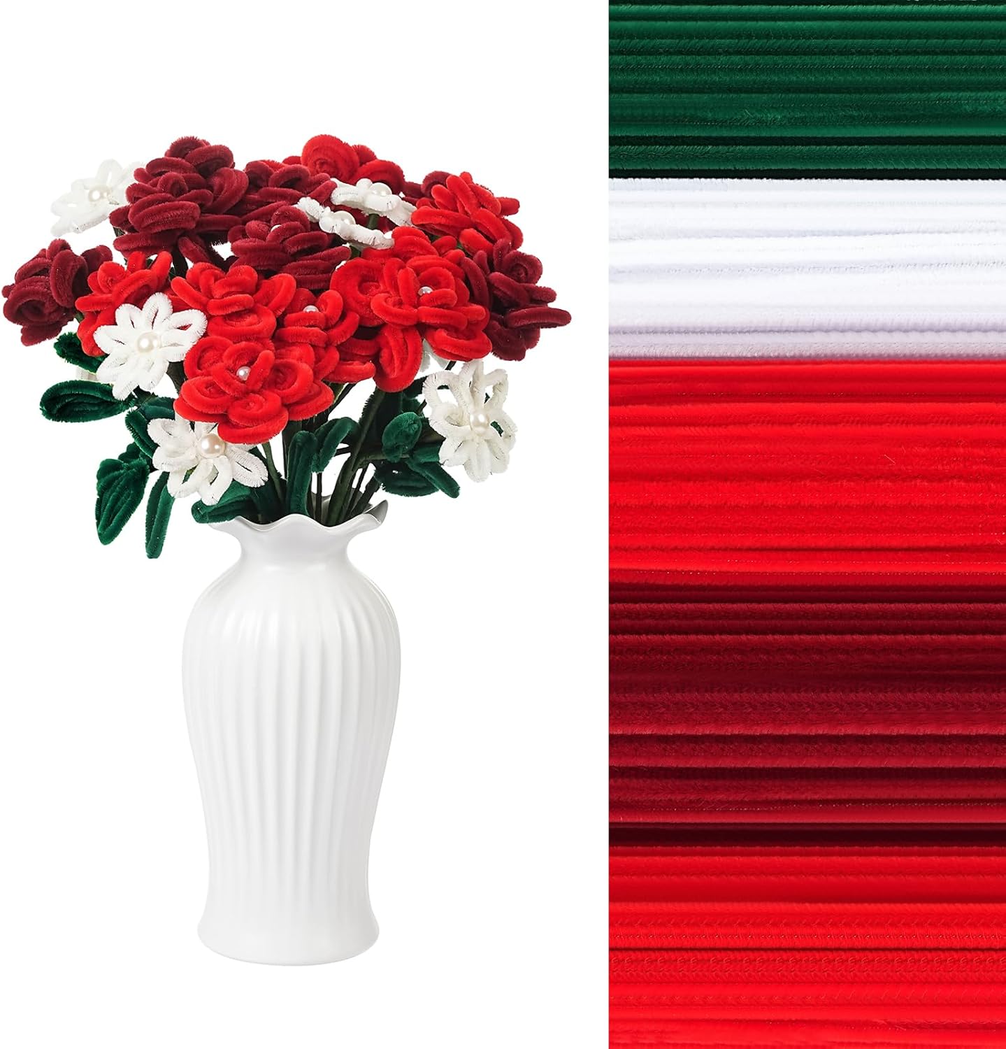 400 Pcs Red Pipe Cleaners for Crafts, 4 Colors Chenille Stems Bulk with Floral Wires, Gardening Tape,Hot Glue Stick，Greeting Card,Bouquet Paper, Pearl & Ribbon, Flowers Craft kit for Christmas