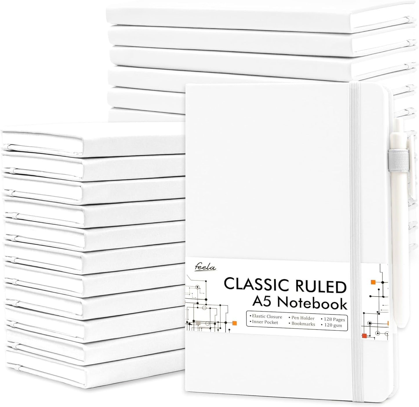 feela College Ruled Notebooks, 24 Pack Business Notebook Hardcover Lined Writing Journal with Pen Holder for Men Women Note Taking, with 24 Black Pens, 120 GSM, 5.1”x8.3”, A5, White