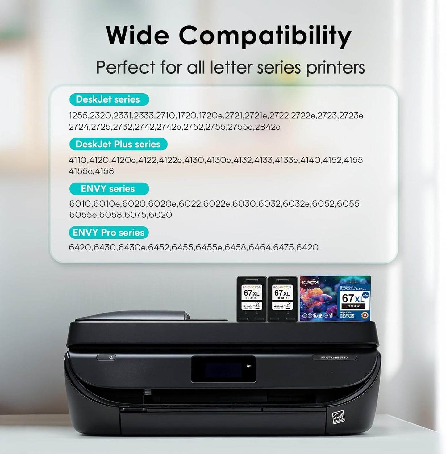 EcoVictor 67XL Black Ink Cartridge Replacement for HP 67 XL (2-Pack) Compatible to HP DeskJet 2755e 2700 2700e 4155e 2752 2755 4100 4100e 2320 Envy 6055e 6000 6000e 6455e 6400 6400e 6458 6052 Printer