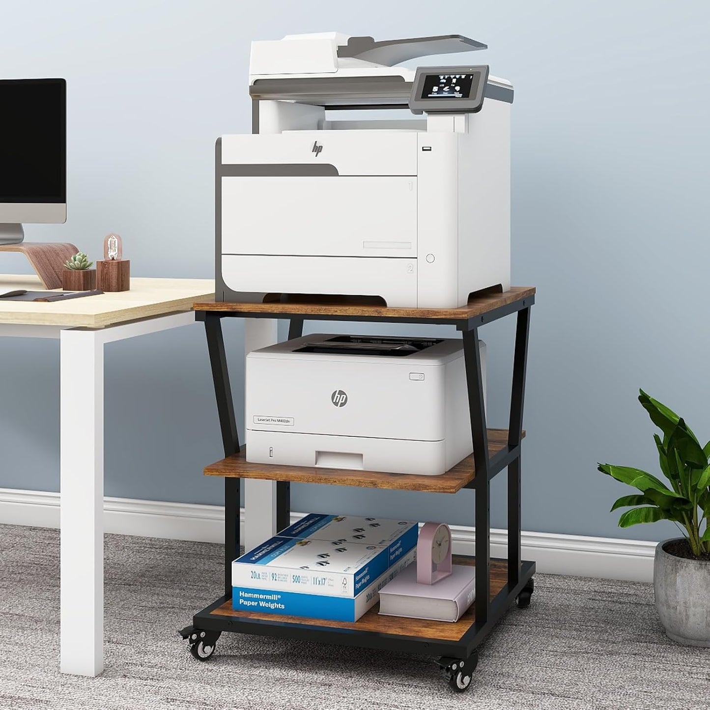 Natwind 3-Tier Large Printer Stand,23.6"x23.6"x29.5" Heavy-Duty Printer Table Cart with Paper Storage Shelf & Wheels,Ideal for Home Office Laser Printers, Copiers (Retro)