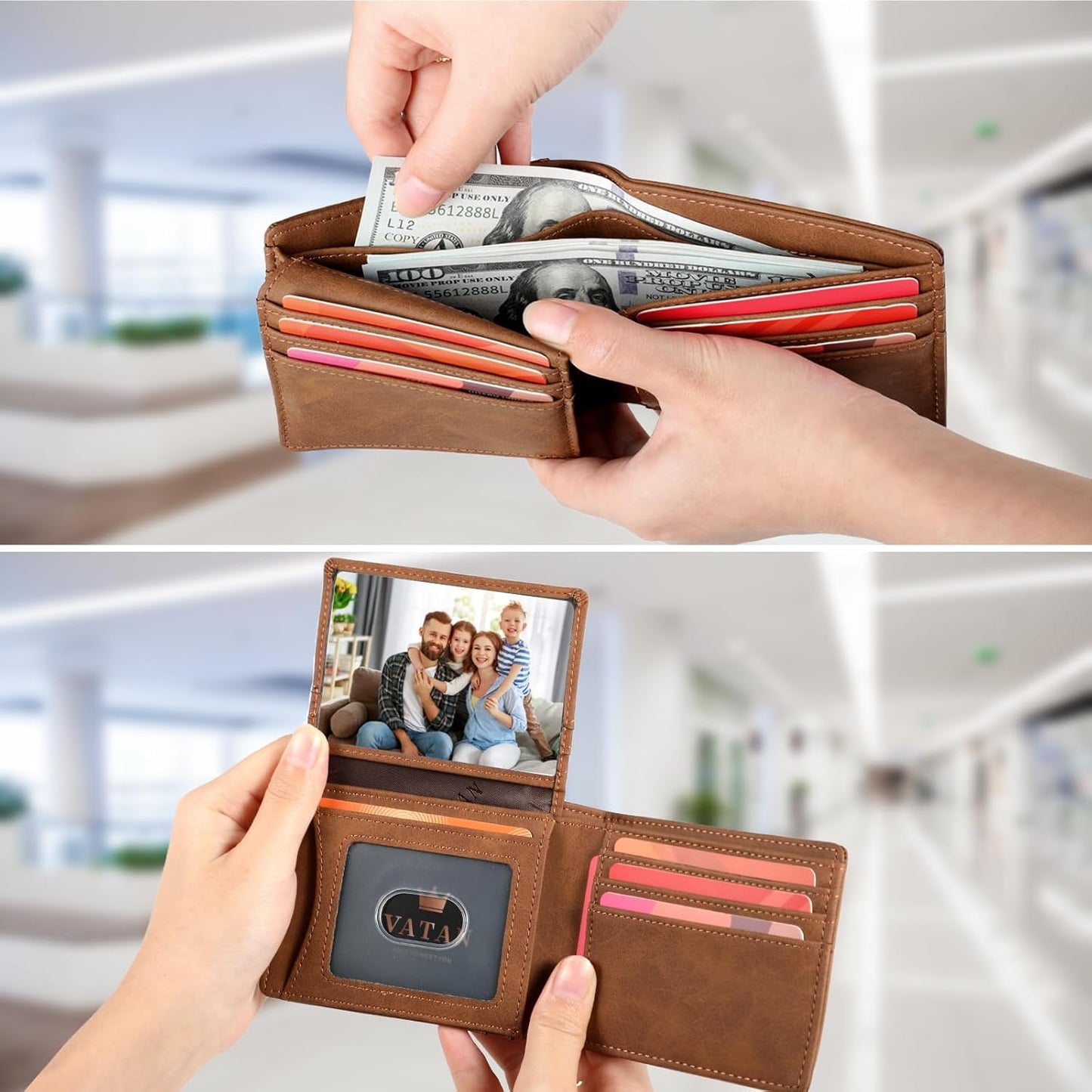 VATAN Wallet for Men, Mens Minimalist Wallet Credit Card Holder, Slim Leather Rfid 2 ID Window Large Capacity With Gift Box (Crazy Horse Brown)