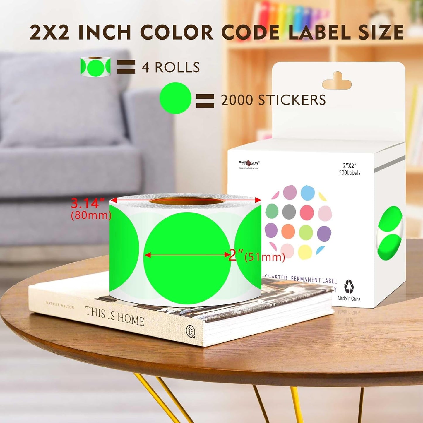 PARLAIM 2 inch Round Color-Code Dot Sticker Labels, 4 Rolls 2000 Adhesive Label Pack in Dispenser Box, Fluorescent Green