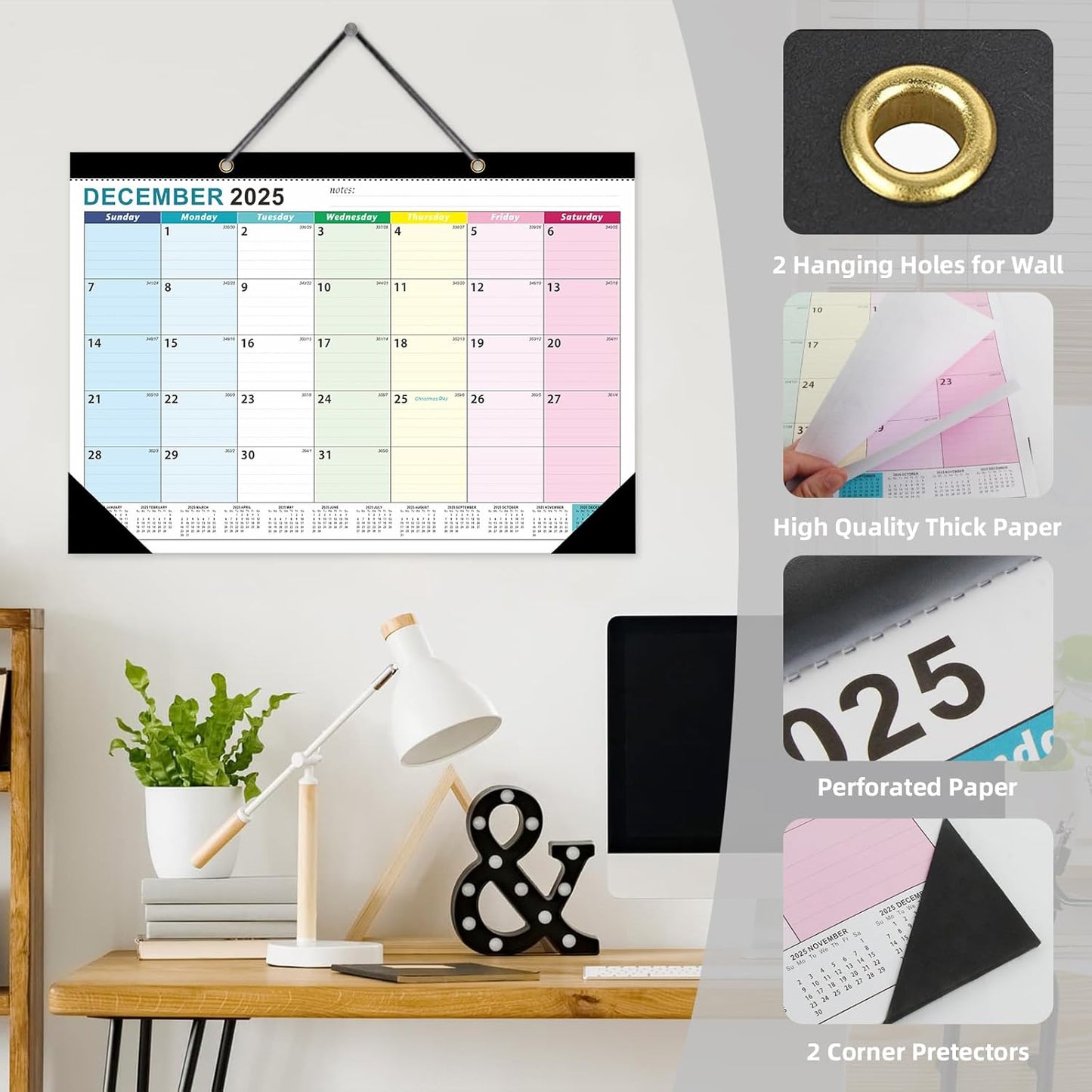 Desk Calendar 2025-2026,Monthly Planner from July 2025 to December 2026,Large 17" x 12",Clear Plastic Cover Desktop/Wall Calendar for Students Teachers & Schools(colorful)