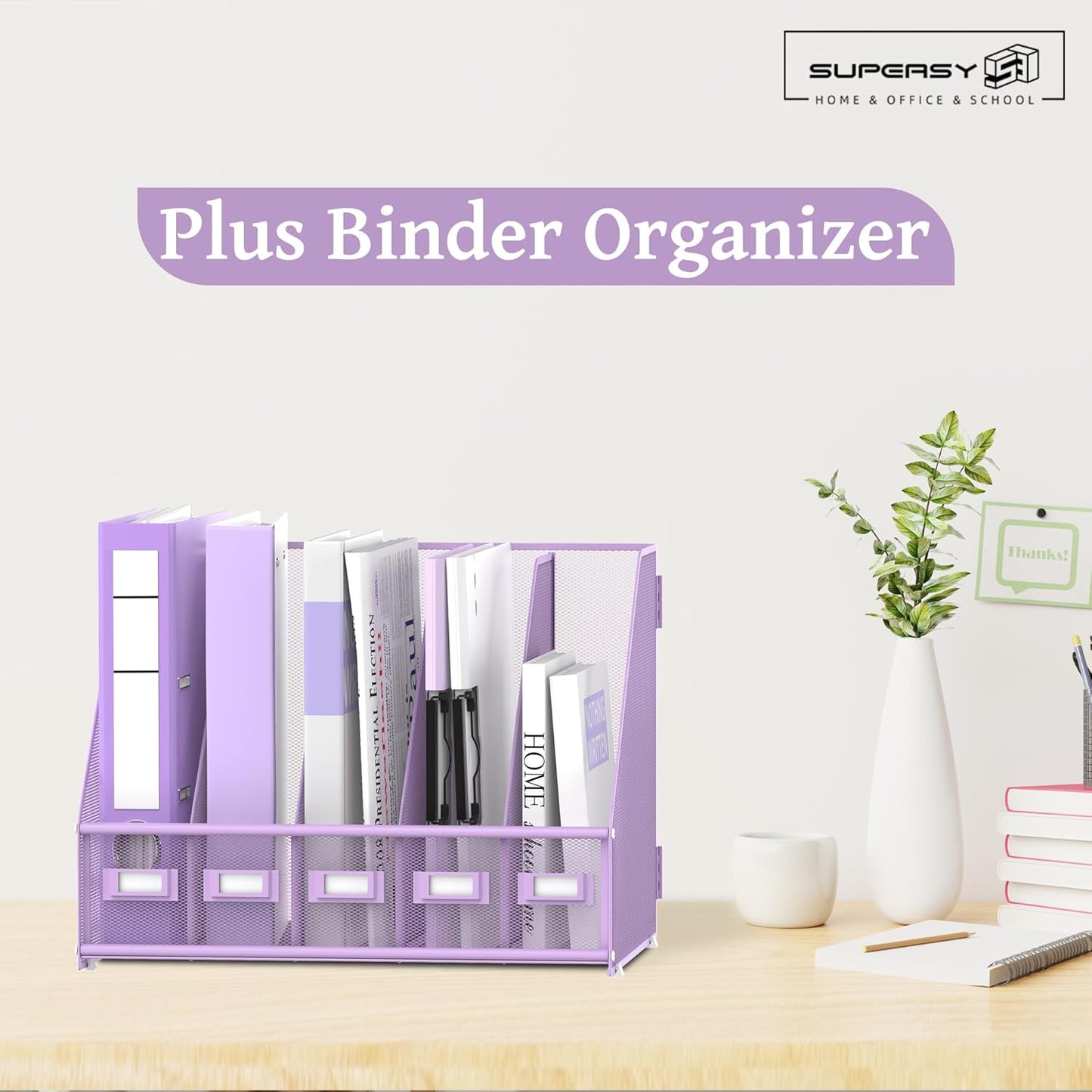 SUPEASY Desk Organizers Metal Desk Magazine File Holder with 5 Vertical Compartments Rack File Organizer for Office Desktop, Home Workspace, Purple Plus