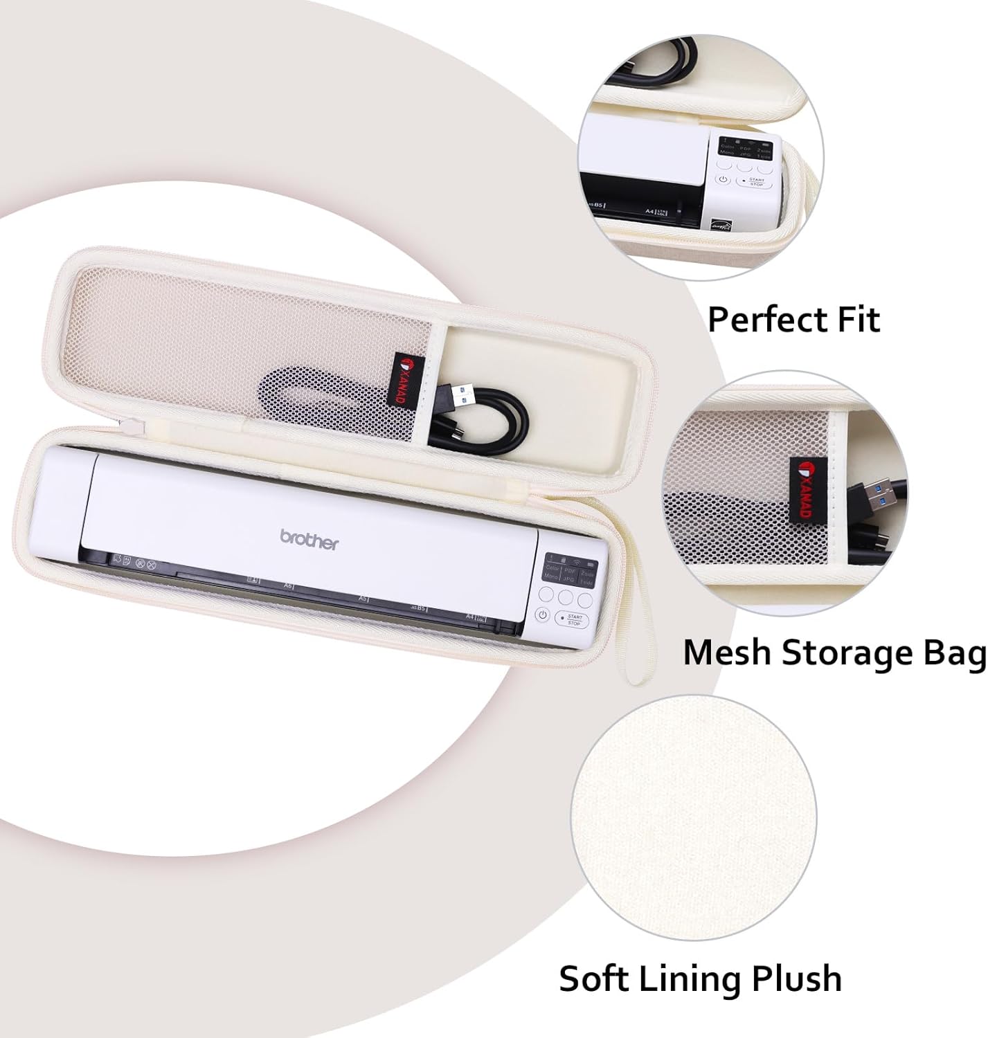 XANAD Hard Case for Brother DS-640 / DS-740D / DS-940DW /DS-720D/Doxie Go SE Duplex Mobile Document Scanner(Cream)