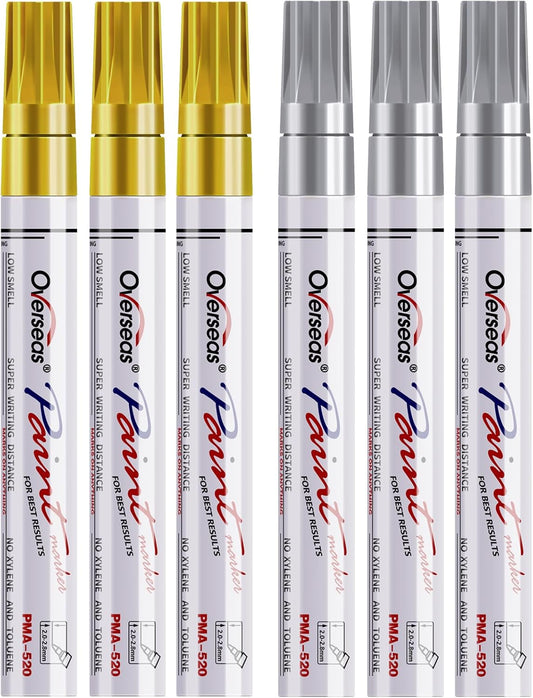 Overseas Gold and Silver Paint Pens - 6 Pack Oil Based Metallic Permanent Markers, Medium Tip, Quick Dry and Waterproof Paint Markers for Rock, Wood, Metal, Plastic, Canvas, Glass, Ceramics, Rubber