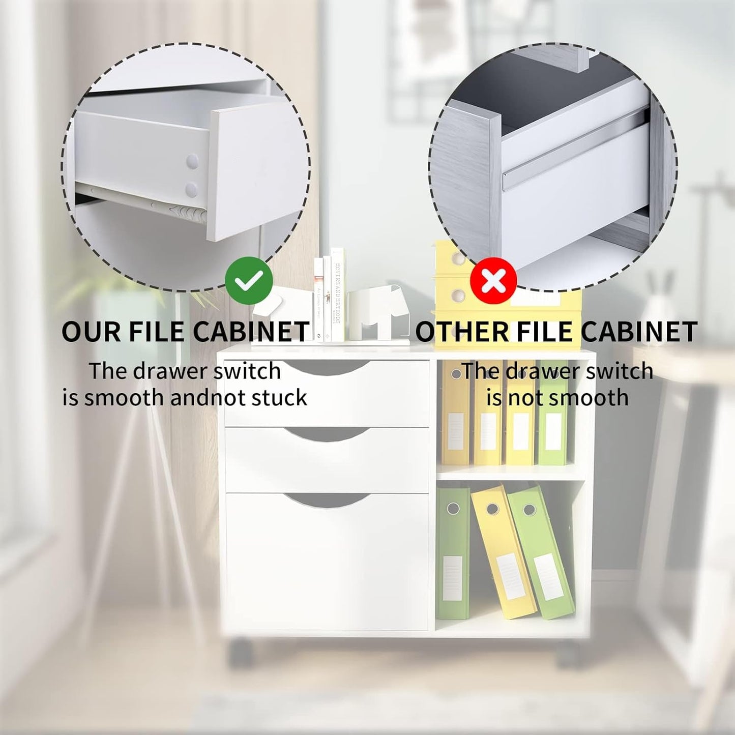 QDSSDECO 3-Drawer with Shelf Wood File Cabinet Mobile Lateral Filing Cabinet, with Rolling Wheel Printer Stand and Open Adjustable Storage Shelves, for Home Office, White