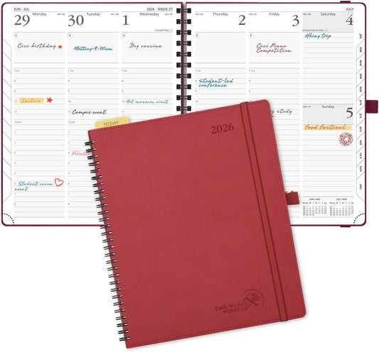 POPRUN 2026 Planner (Large - 8.5" x 10.5") with Hourly Schedule, Vertical Layout - 2026 Weekly Calendar (Jan. 2026 - Dec.2026) for Time Management, Monthly Tabs, Spiral Bound, Soft Cover - Burgundy Red