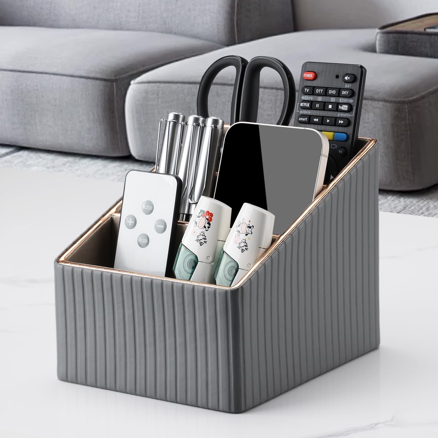 KINGFOM 3 Slot PU Leather Remote Controller Holder, Home Sundries Storage Box, TV Guide/Mail/CD Organizer/Caddy/Holder with Free Cable Desk Organizer (Grey)