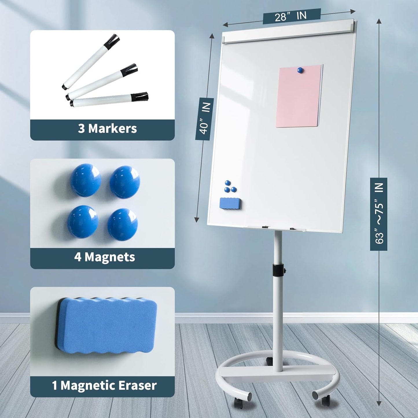 Rolling Whiteboard Magnetic Writeboard 40"x28" Flip Chart with 5 Wheels Adjustable Height Multi-Use Standing Bulletin Board (White)