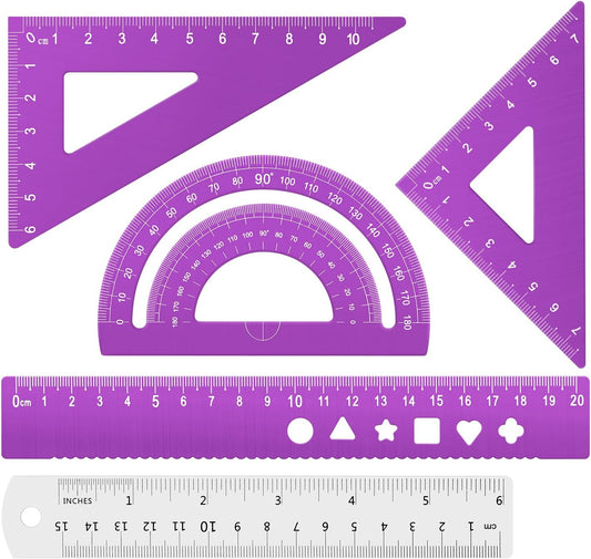 Honagu Triangular Ruler Set, 4+1Pieces Aluminum Alloy Ruler, Metal Drafting Ruler, Geometric Protractor for Students, School Office Supplies (Purple, 20cm)