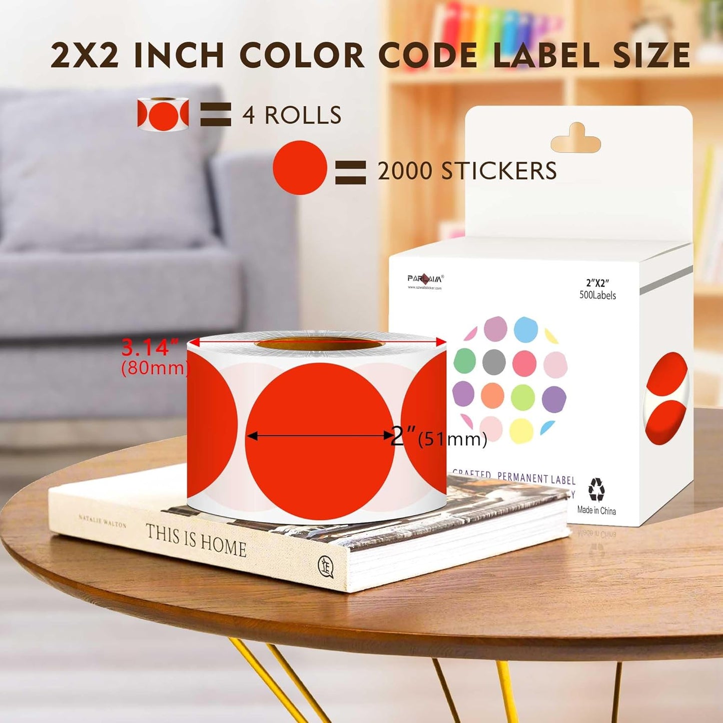 PARLAIM 2 inch Round Color-Code Dot Sticker Labels, 4 Rolls 2000 Adhesive Label Pack in Dispenser Box, Red