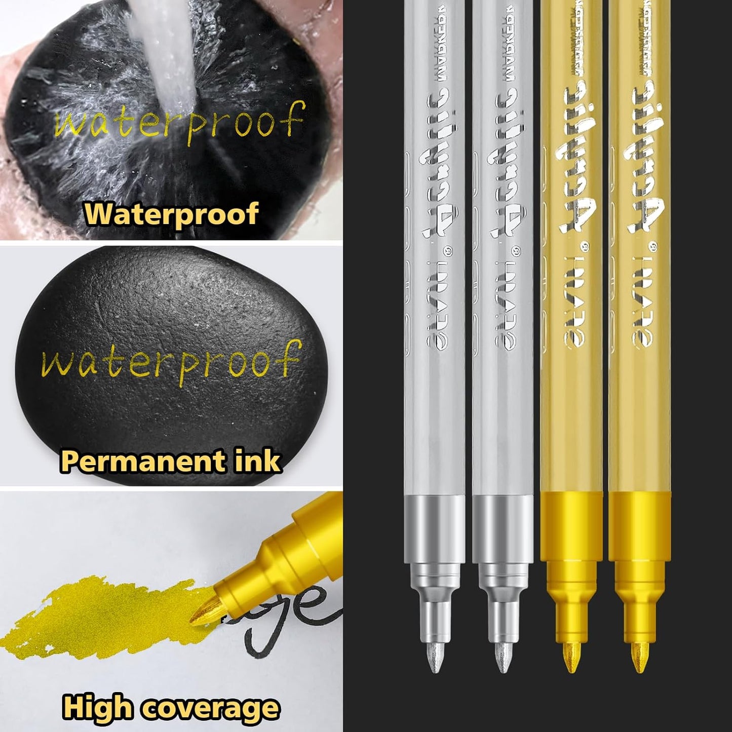 SFAIH Gold & Silver Paint Markers Pens - 4 Pack 0.7MM Fine Tip Metallic Acrylic Markers for Card Making, Gift Decorating, Rock Painting, Detailed Art