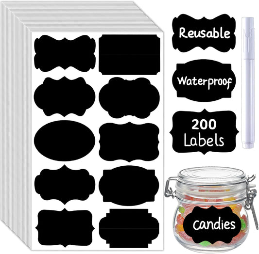 200 Pcs Chalkboard Labels,Reusable Labels with 1 Liquid Chalk Markers Removable Labels,Suitable for Mason Jars Storage Boxes Food Containers Storage Jars Kitchen Food Spice Storage(Black)