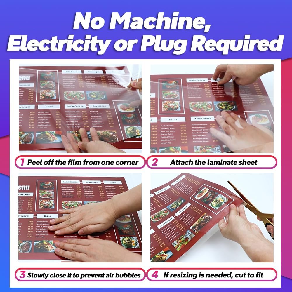 Self Adhesive Laminating Sheets 12.3x17.1 inches, 20 Pack, 4mil Thickness, No Heat or Machine Needed, Waterproof, Self Sealing, Easy Peel and Stick, Heavy Duty Clear Glossy Finish, by VIOLETTO