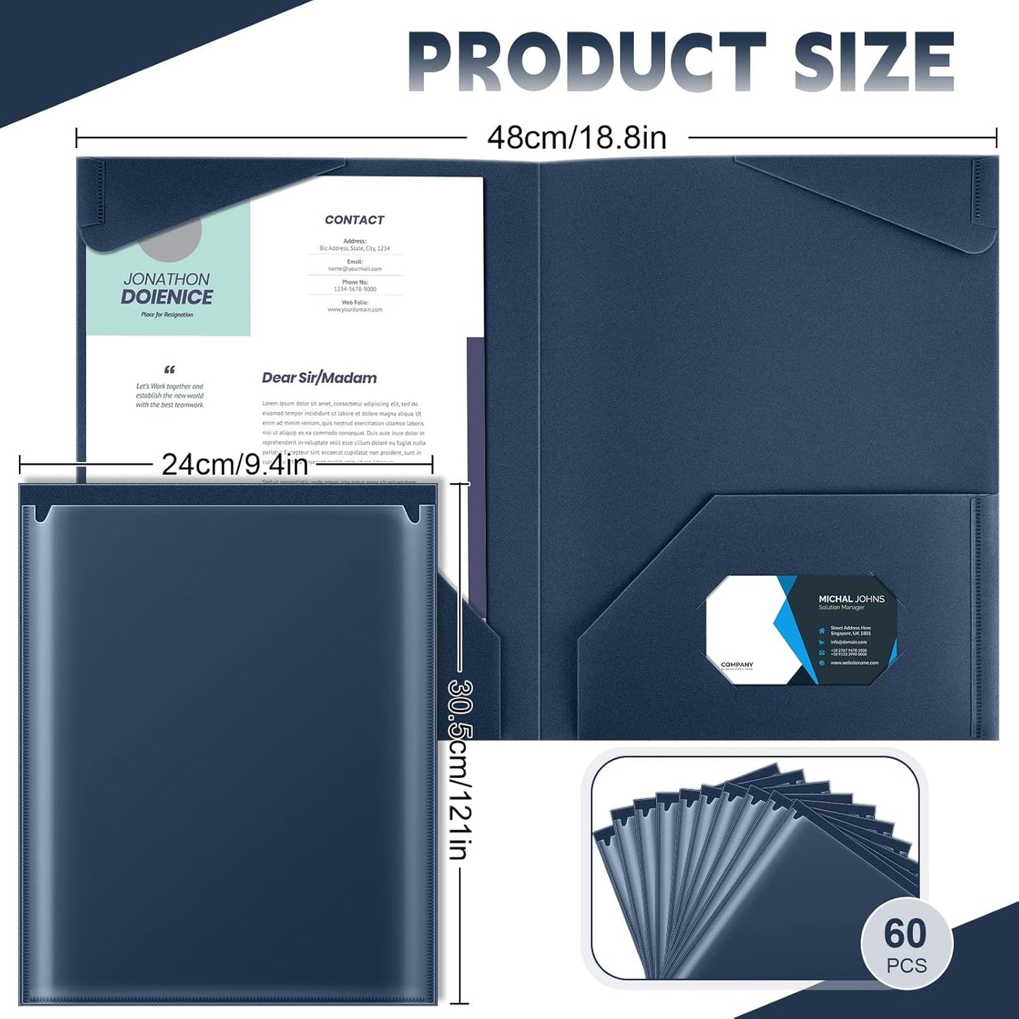 Henoyso 60 Pcs Plastic Folders with Clear Front Pockets Heavy Duty File Folders with 2 Pockets and Card Slot for Student Communication School Office (Navy Blue)