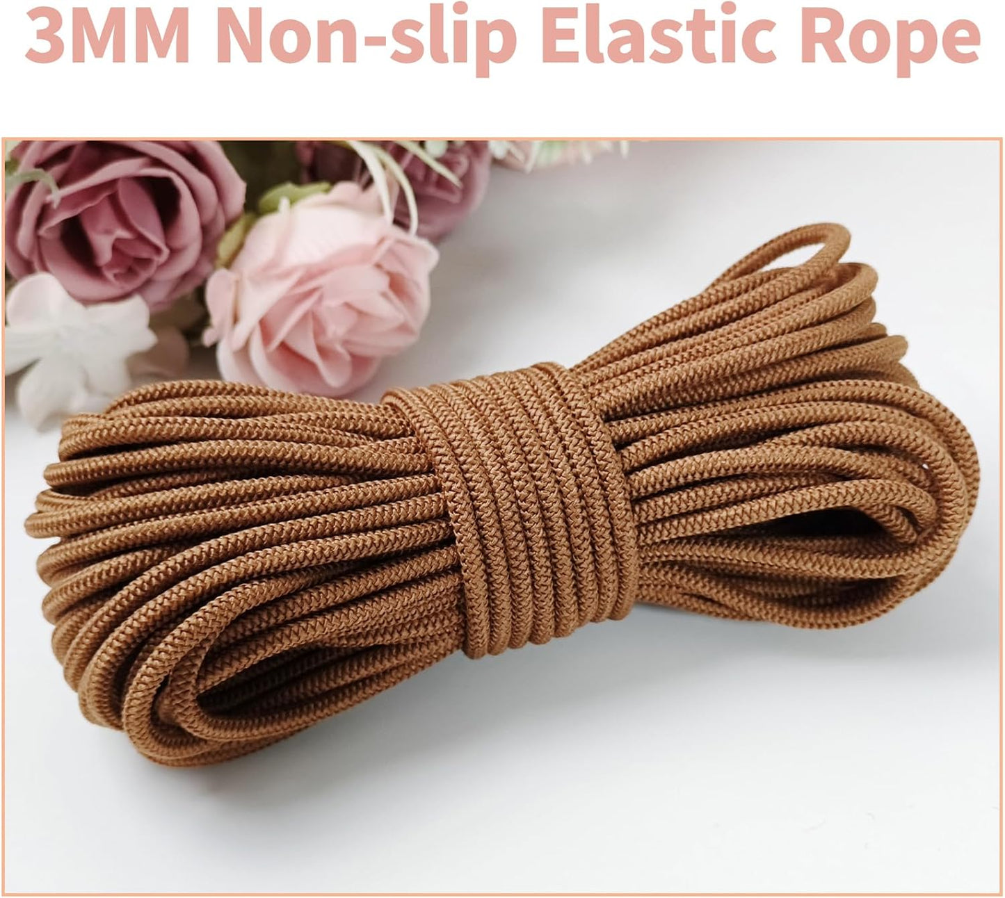 3mm Brown Elastic Cord 45ft - Strong No-Slip Bungee String for Crafts, DIY Projects, Kayak Tie Downs, Camping Gear, Sports Gear, DIY Crafts, Hair Bands, Sewing & Shoe Laces