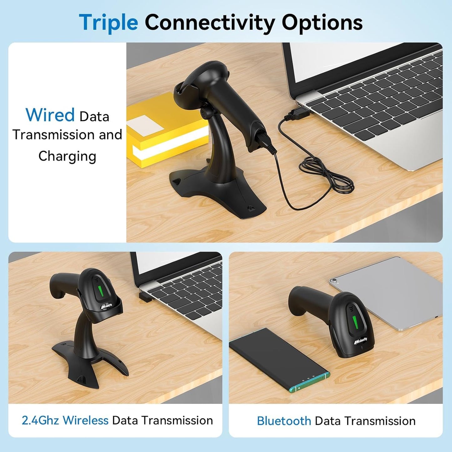 Alacrity 2D 1D Wireless Barcode Scanner with Stand, 3-in-1 Connectivity Bluetooth 2.4G Wireless USB Wired, Barcode Reader with Hands-Free Mode and Vibration Alert, Blue