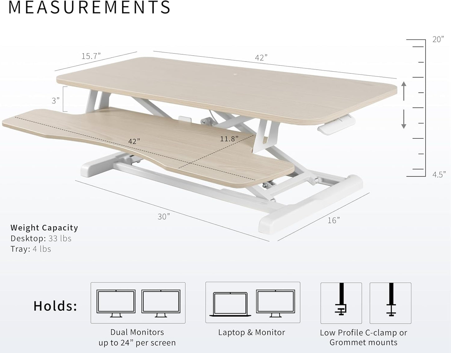 VIVO 42 inch Desk Converter, K Series, Height Adjustable Sit to Stand Riser, Dual Monitor and Laptop Workstation with Wide Keyboard Tray, Light Wood Top, White Frame, DESK-V042KF