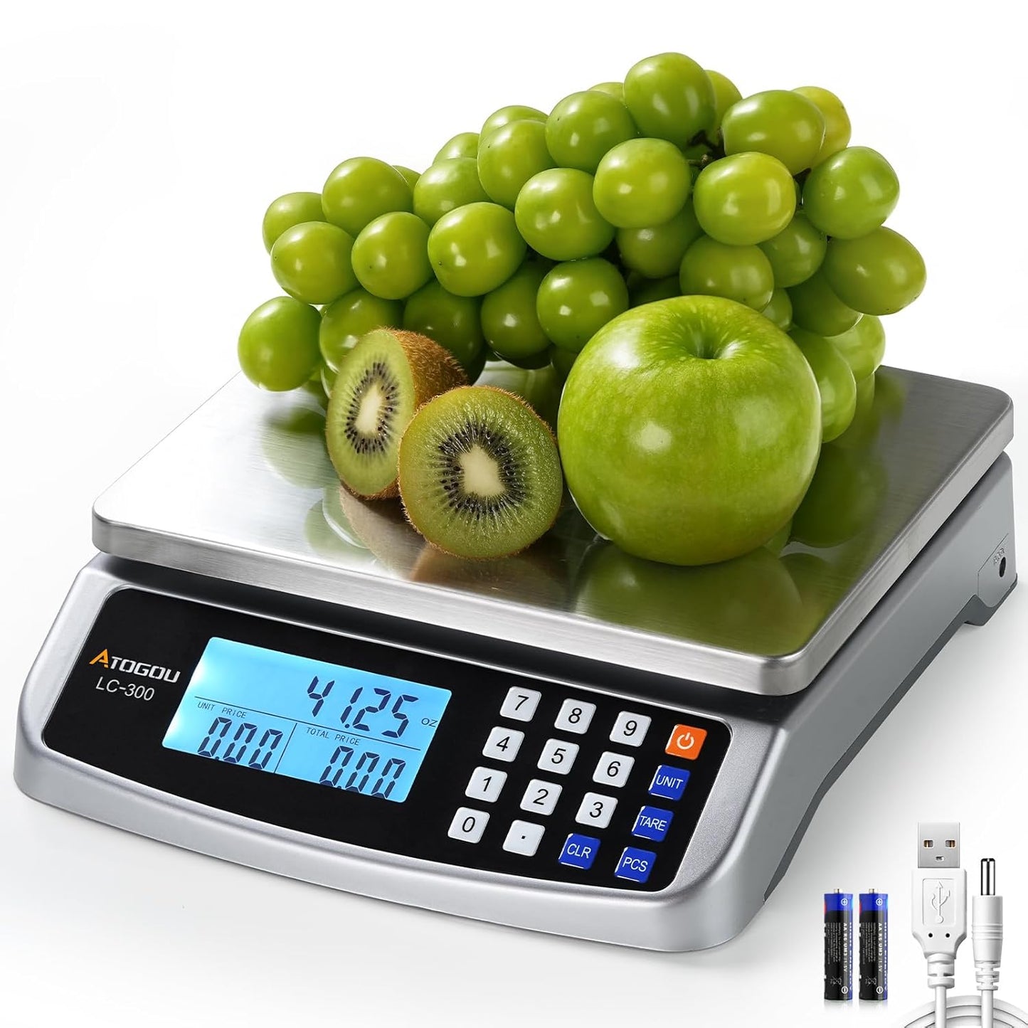 66lb Food Scale, Commercial Kitchen Scale with Price Computing, Plug-in Usable, 0.05oz/1g, 304 Stainless Steel, for Cooking, Vegetables, Farm, Industry, Counting. LC300 Silver