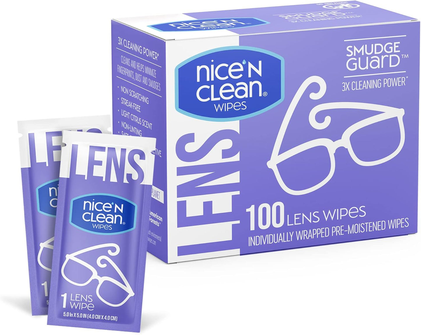 Nice 'n Clean SmudgeGuard Lens Cleaning Wipes (100 Total Wipes) | Pre-Moistened Individually Wrapped Wipes | Non-Scratching & Non-Streaking | Safe for Eyeglasses, Goggles, & Camera Lens