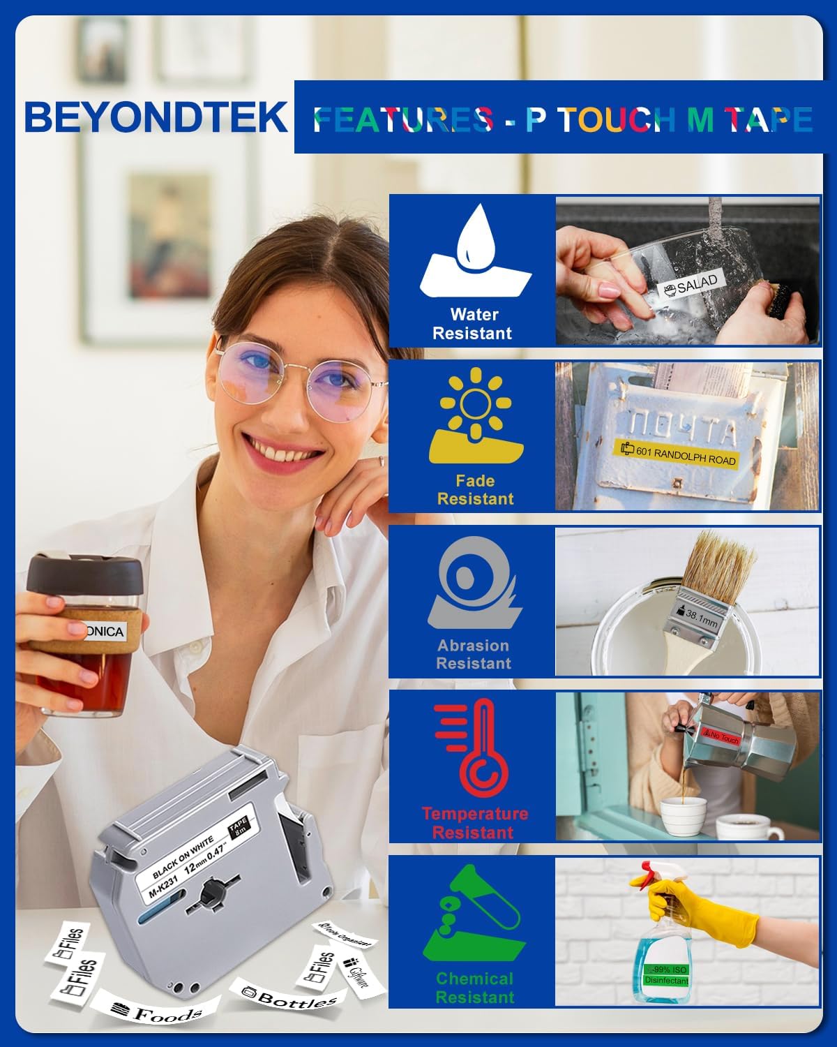 M Tape Work for PT-65 PT-70 PT-70BM PT-M95 Replace with Brother P Touch M Tape 12mm 0.47 Colors for M-K231s/M-431/M-531/M-631/M-731/M-831/M-931s with Label Maker PT-45 PT-80 PT-90 8m 26.2ft