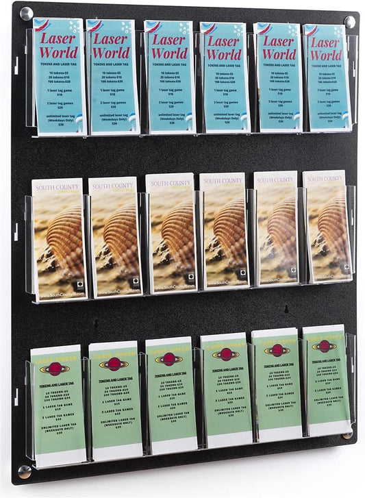 Displays2go Wall Mount Acrylic Brochure Holder, 9-18 Adjustable Pockets, Tiered Design - Black (2RP9BLK)